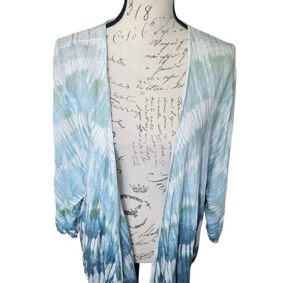 Nic + Zoe Women's Size Small Blue Watercolor Linen Blend Cardigan Wrap Top - Picture 2 of 6